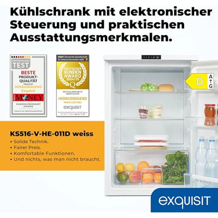 Exquisit Vollraumkühlschrank KS516-V-HE-011D weiss | 134 L Nutzinhalt, Schnellkühlen & Alarmfunktion, Ohne Gefrierfach – Bild 2