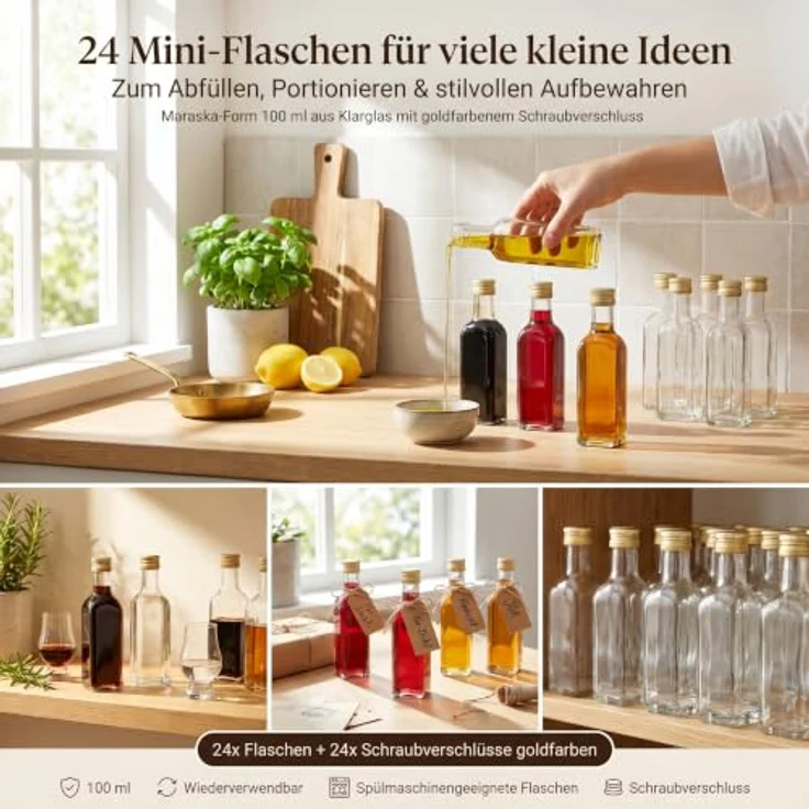 gouveo Trinkflasche Glasflaschen 100 ml Maraska mit Schraub-Deckel - Kleine Flasche 0,1l, 24er Set, transparent-goldfarben – Bild 2