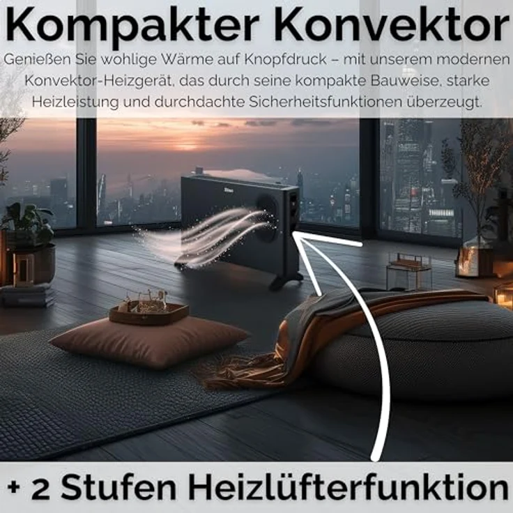 Zilan Elektro Konvektor 1250/2000 Watt, tragbare Elektroheizung mit 2 Heizstufen, Thermostat und Überhitzungsschutz, kompakt und flexibel einsetzbar – Bild 2