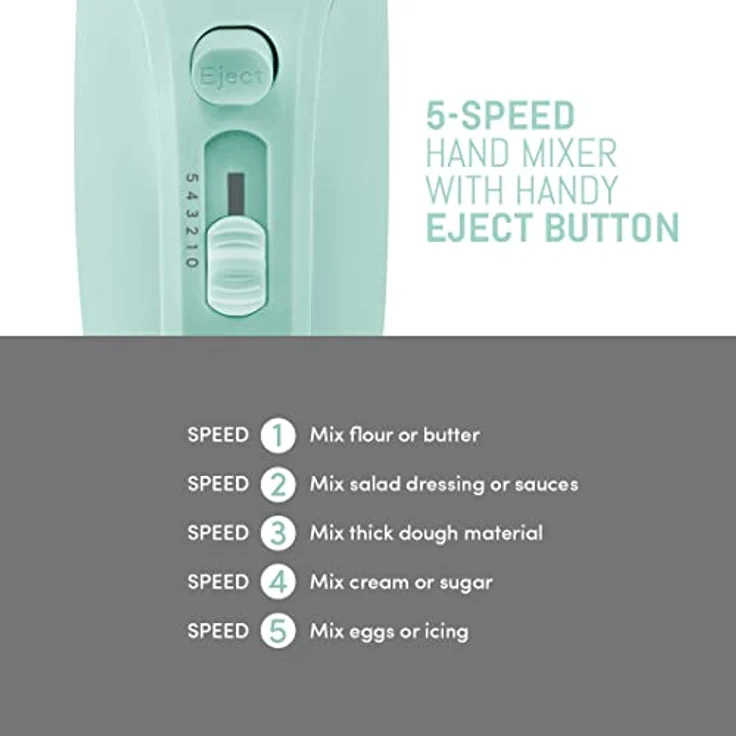 Elite Gourmet EHM003M Ultra Power Electric 5-Speed Kitchen Hand Mixer with 2 Extra Wide Stainless Steel Smooth Creamy Whipped Mixtures Plus Convenient, Beater Storage, Mint Blue – Bild 4