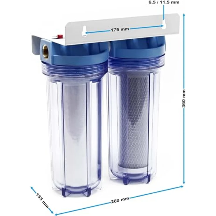 Naturewater NW-PR102 2 Stufen Wasserfilter Doppelfilter, 5 µ, 26,16 mm (3/4"), Ø62 mm PP Kartusche, Filter Wandhalterung, Filterschlüssel, Sedimentfilter Aktivkohleblock, blau – Bild 7