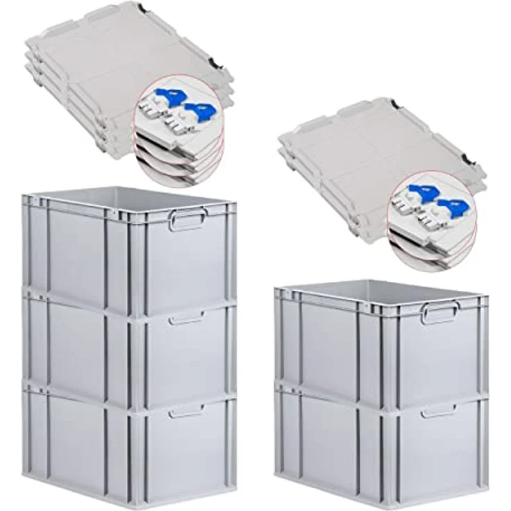 PROREGAL Eurobox NextGen Grip SuperSparSet, 5x Transportbox mit Scharnierdeckel, 65 L, HxBxT 32x40x60 cm, lebensmittelecht, grau, geschlossene Griffe, mit blauen Schiebeschnappverschlüssen – Bild 1