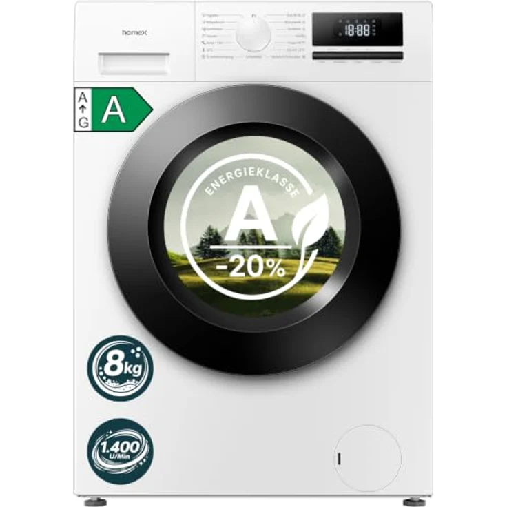 homeX WF814H1A-W Waschmaschine 8 kg, 1.400 U/Min, Energieklasse A -20%, Inverter Motor, Dampffunktion, 15 Waschprogramme – Bild 1
