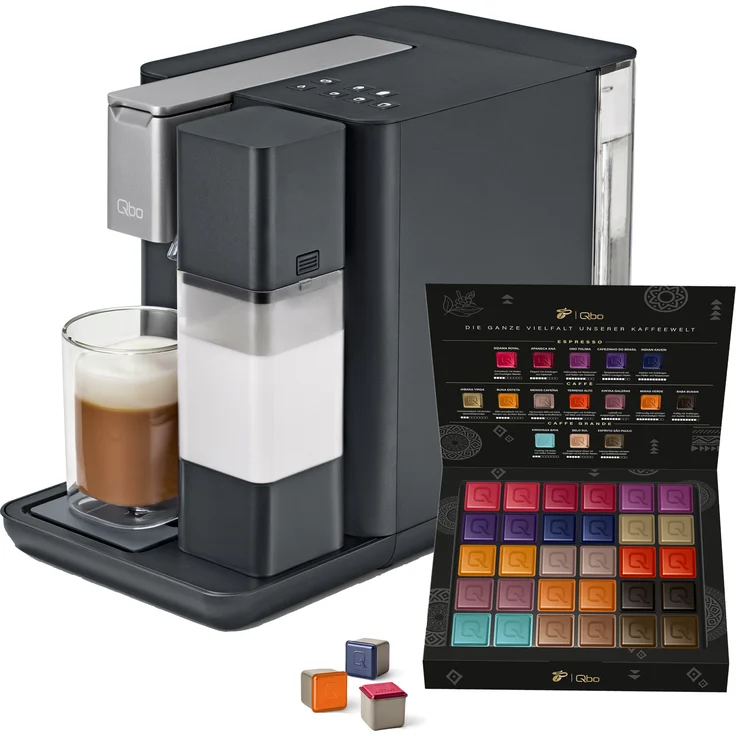 Tchibo Qbo MILK MASTER Premium Kapselmaschine inkl. 30 recyclebare Qbo Kapseln für Cappuccino, Espresso, Caffè Crema, Milchschaum auf Knopfdruck mit abnehmbarem Milchtank 300ml, Gentle Grey – Bild 1