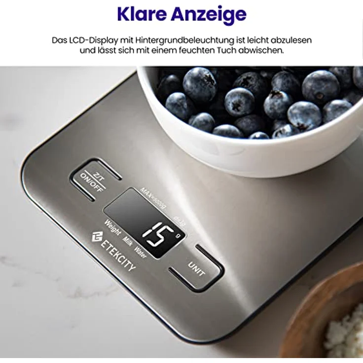 ETEKCITY Küchenwaage, Küchenwaage digital 5KG mit großem LCD-Display,Digitalwaage, Briefwaage mit Großer Edelstahl Wiegefläche, Flüssigkeitsmessung, hohe Präzision auf bis zu 1g, Tara-Funktion, Silber – Bild 3