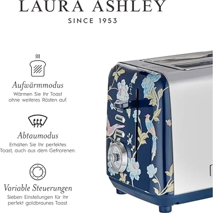 VQ Laura Ashley 2-Scheiben Toaster, Edelstahl-Vintage mit 7 Wärmeeinstellungen, Auftau- und Aufwärmmodus, Aufsatz für Croissants, Elveden Marine – Bild 5