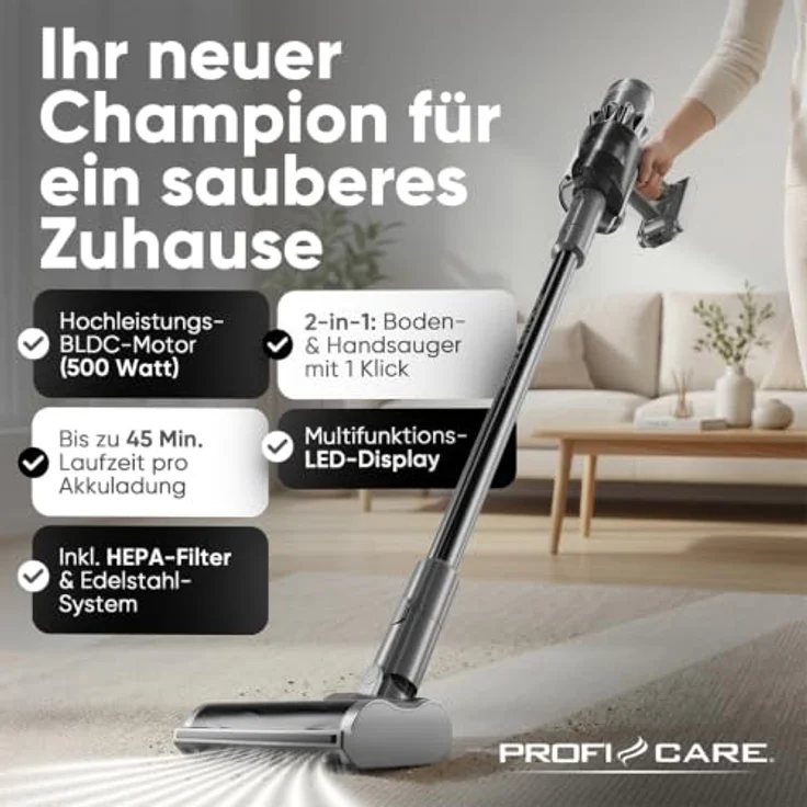 ProfiCare PC-BS 3138 A, Akku-Staubsauger mit 500W BLDC-Motor, beutellos und HEPA-Filter, schwarz – Bild 2