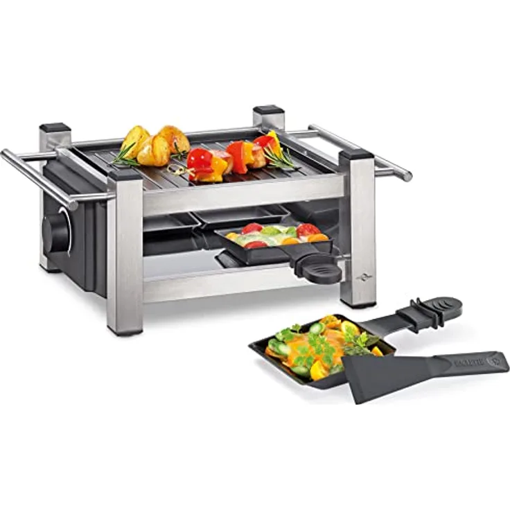 Küchenprofi Raclette TASTE4 , Raclette 4 Personen, Antihaftbeschichtete Grillplatte beidseitig verwendbar, je 4 Raclette Pfännchen & Raclette Schaber, Raclette Grill mit seitlichen Griffen