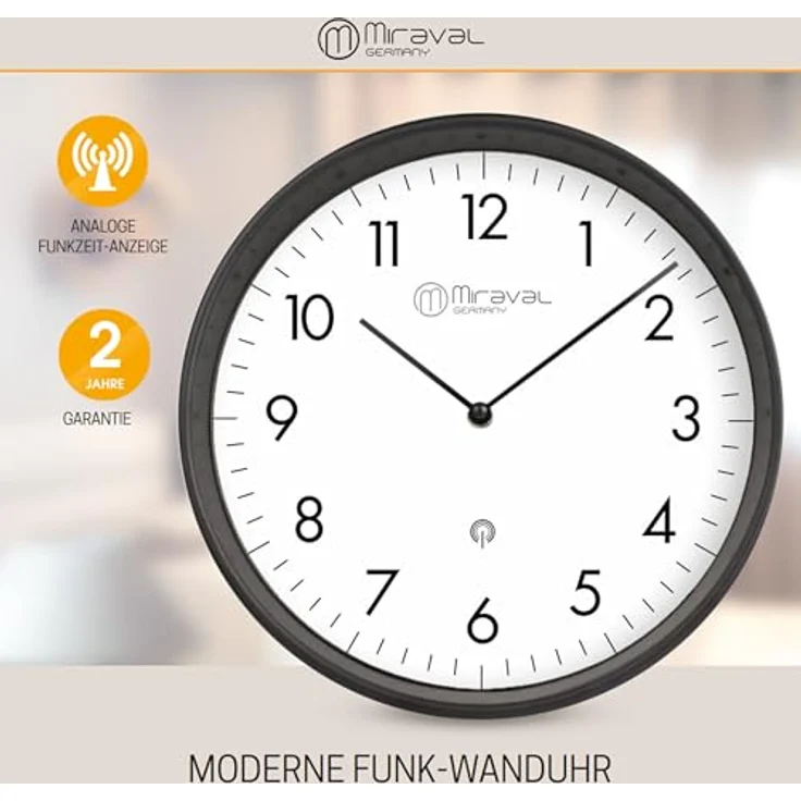 Miraval Design Funk-Wanduhr, 250 mm, lautloses Quarzuhrwerk, DCF77-Funksignal, schwarzes Kunststoffgehäuse, weißes Zifferblatt – Bild 2