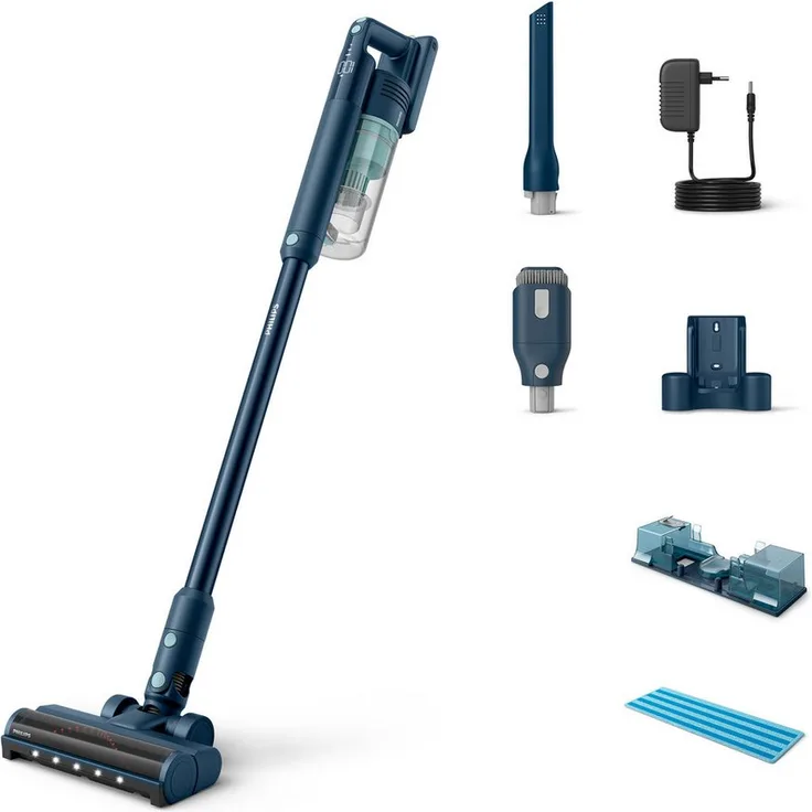 Philips Akku-Hand-und Stielstaubsauger XC5041/01 5000 Series, mit digitalem Motor, bis zu 60 Min. Laufzeit, 50,4 W, beutellos, Aqua-Modul, blau