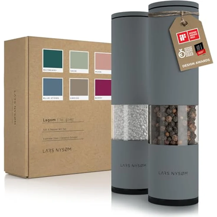 LARS NYSØM Salz und Pfeffer Mühle 2er Set Manuell mit einstellbarem Keramik-Mahlwerk von grob bis fein I Design Gewürzmühlenset (2 Stück) (Cool Grey) – Bild 1