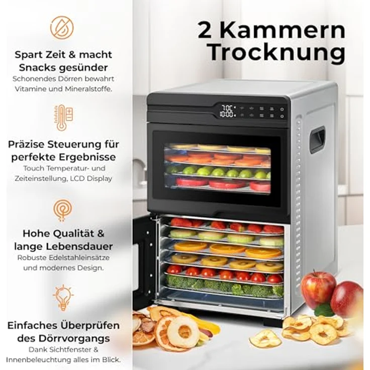 Balter Dörrautomat DA-107, Edelstahl Dehydrator mit 2 Kammern, 12 Etagen, 1000 W, 8800 cm² Dörrfläche, BPA-frei, 35–75 °C, Timer bis 48 Std, Warmhaltefunktion, inklusive Rezeptbuch – Bild 2