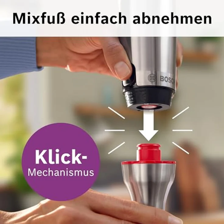 BOSCH Stabmixer ErgoMaster Serie 8, MSM8M934, 1500 W, 6 Klingen Edelstahl, inkl. Doppelschneebesen, Zerkleinerer und Mixbecher, Edelstahl, luftgekühlter Motor – Bild 10