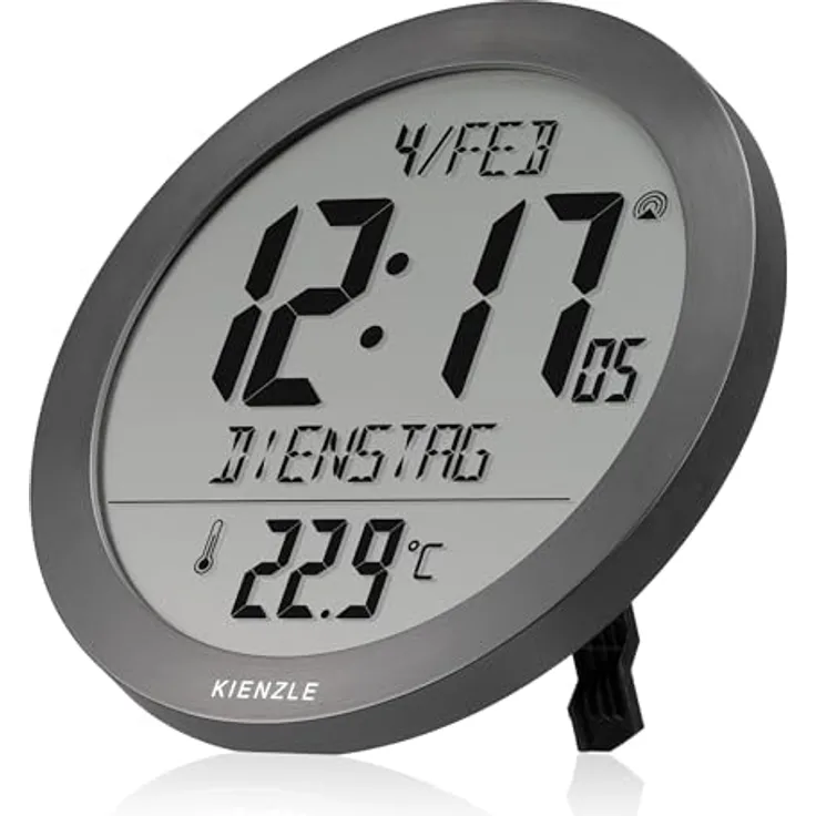 Kienzle Funkwanduhr Tischuhr mit 18,7 cm Display, DCF-Zeit, Temperaturanzeige, 2 Weckzeiten, Schlummerfunktion, anthrazit