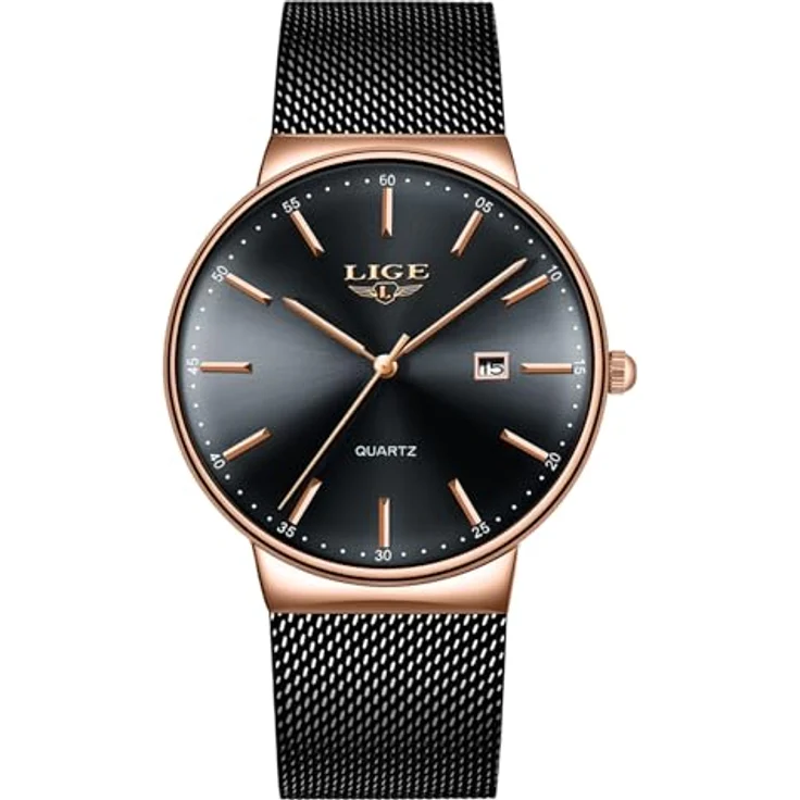 LIGE Ultra Kalender Herrenuhr, Analoge Quarz mit Rotgold Zifferblatt, Edelstahl Gitterband, 3ATM wasserdicht, Luxus Armbanduhr für Freizeit und Business – Bild 1