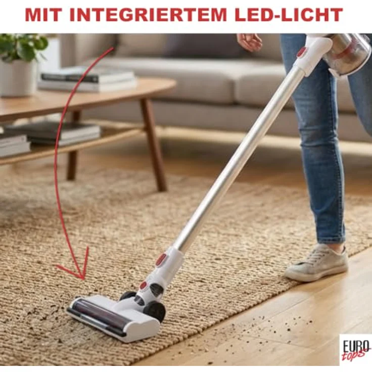EUROtops Akku-Zyklon-Staubsauger, kabellos mit HEPA-Filter, LED-Bodenbürste, Handstaubsauger-Funktion, 22,2 V Akku, beutellos - Weiß – Bild 5