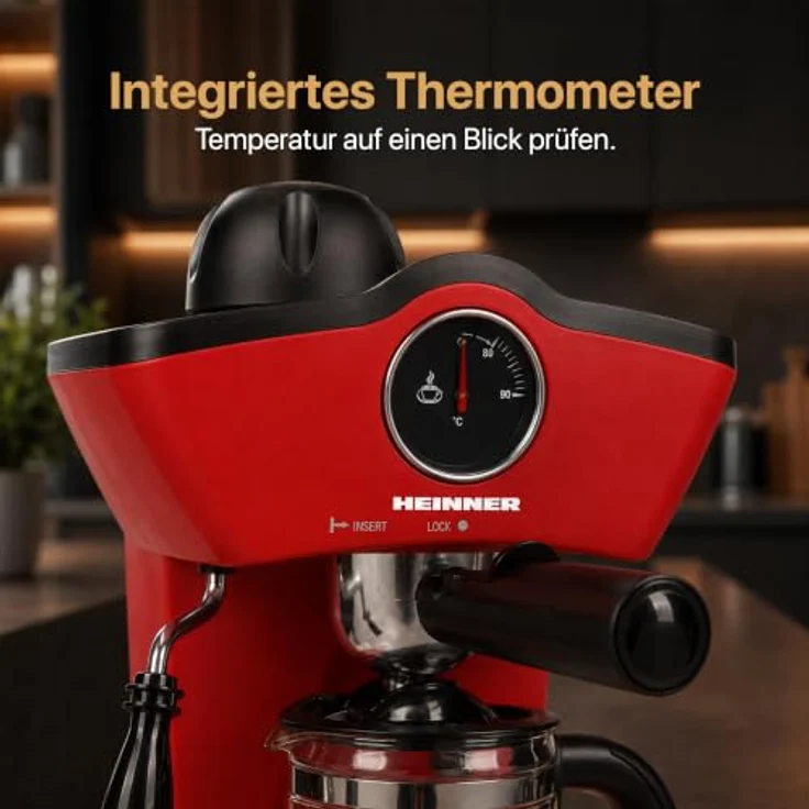 Heinner HEM-200RD, Espressomaschine mit 800 W, 0,25 l Wassertank, Edelstahlfilter und Glaskanne, Rot – Bild 7