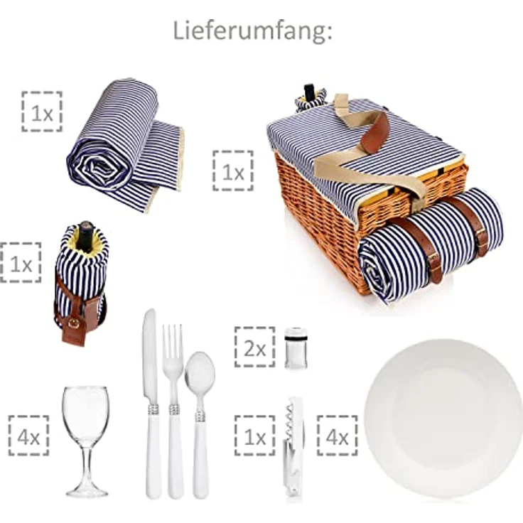 SÄNGER Picknickkorb Borkum (Set, 25 St., Picknickkorb), 4 Personen, integrierter Tisch & Kühltasche, Weide & Leder, Porzellan & Kunststoff, 3,5 kg, braun – Bild 5