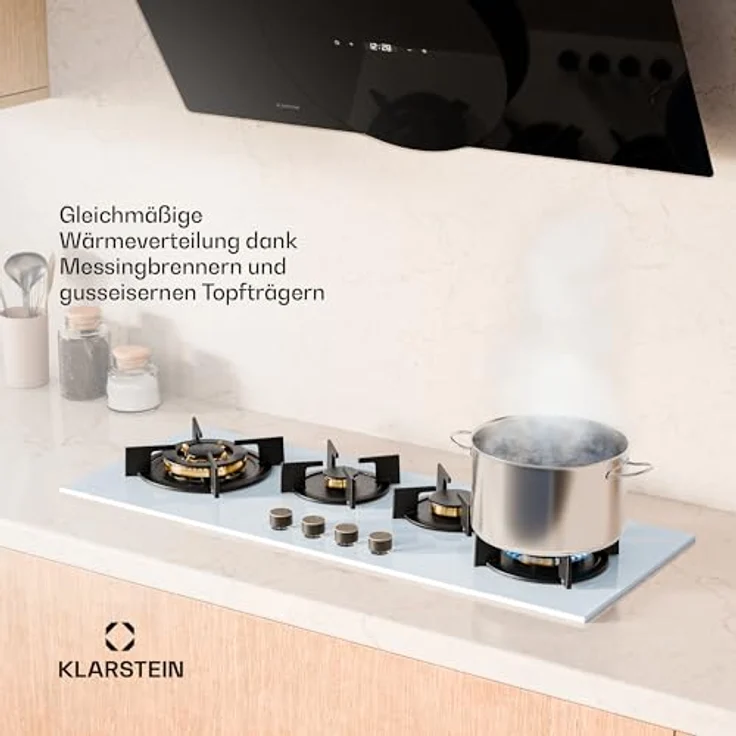 Klarstein Goldflame 4 Slim Gaskochfeld, 4 Messingbrenner, 3,4kW, 2,4kW, 1,8kW, 1kW, Weiß, inkl. Schlauch & Druckminderer – Bild 4