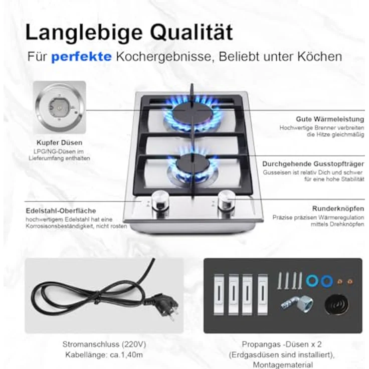 SNDOAS Gaskochfeld 2-flammig, Edelstahl Gasherd mit Automatischer Flammenschutz, NG/LPG-kompatibel, 2400 W/1800 W, Einbau oder freistehend – Bild 5