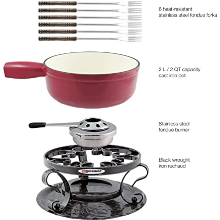 Swissmar KF-66517 Lugano Fondue Set 9-teiliges, Gusseisen/Edelstahl, Kirschrot, 2L, Fondue-Set für Fleisch, Käse und Schokolade, für 4 Personen, Geschenkset – Bild 3