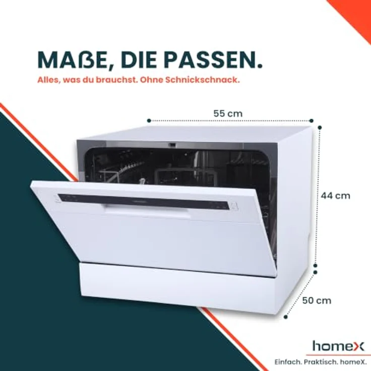 homeX GST6AD-W Mini Geschirrspüler, Tischgeschirrspüler für 6 Maßgedecke, 6 Programme, AquaStop, Energieeffizienzklasse D, Weiß – Bild 4