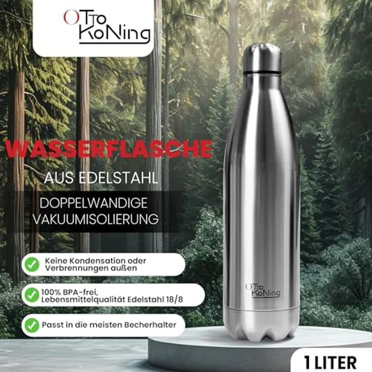 Otto Koning Edelstahl Trinkflasche 1 Liter – Vakuumisolierte, auslaufsichere Metall-Sportflasche für Büro, Outdoor und Reisen – BPA-frei, robust – Bild 2