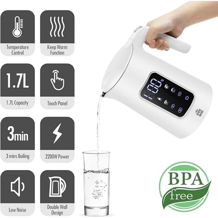 FOR ME Edelstahl Wasserkocher 1,7 L, Temperaturwahl 40-100°C mit digitaler LED-Anzeige und Warmhaltefunktion, BPA-frei – Bild 4