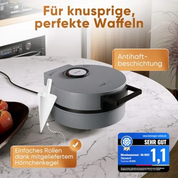 Clatronic HA 3833 Hörncheneisen, Eiswaffeleisen mit Antihaftbeschichtung, stufenlosem Bräunungsregler und Hörnchenkegel, 1200W, große Backfläche – Bild 2