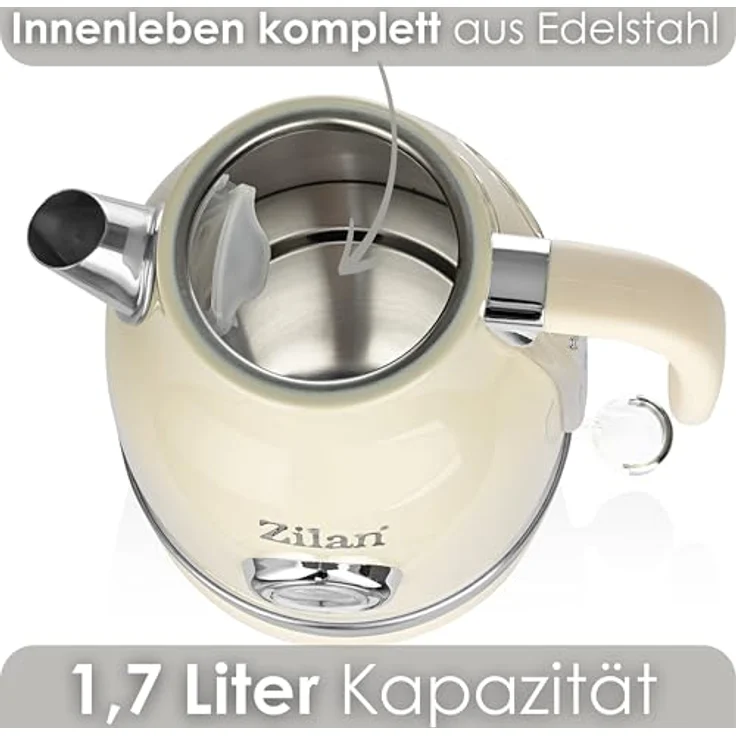 Zilan Retro Wasserkocher Edelstahl 1,7L, kabellos mit 360° Basis, 2200W, verdecktes Heizelement, Abschaltautomatik, Trockenlaufschutz, Ein/Aus-Schalter mit blauer LED – Bild 7