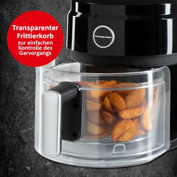 GOURMETmaxx Digitale Heißluftfritteuse 3,3 Liter | AirFryer mit Glas-Korb für ideale Sichtkontrolle | Fettfreies Frittieren mit Timerfunktion für punktgenaues Garen | 1400 W [schwarz/transparent] – Bild 2