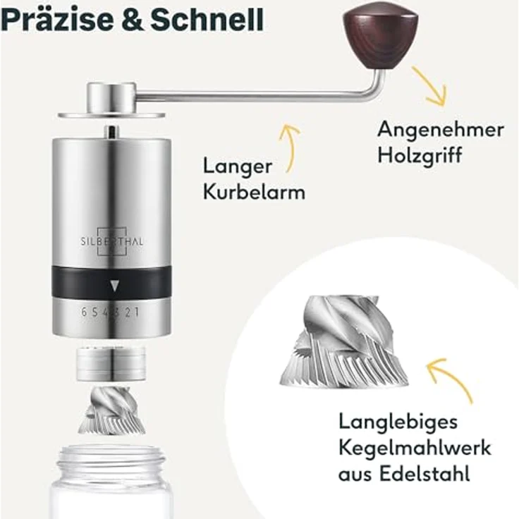 SILBERTHAL Kaffeemühle Manuell Kegelmahlwerk - Verstellbarer Mahlgrad von grob bis fein - Handmühle aus Edelstahl und Glas - Ideale Geschenkidee – Bild 4