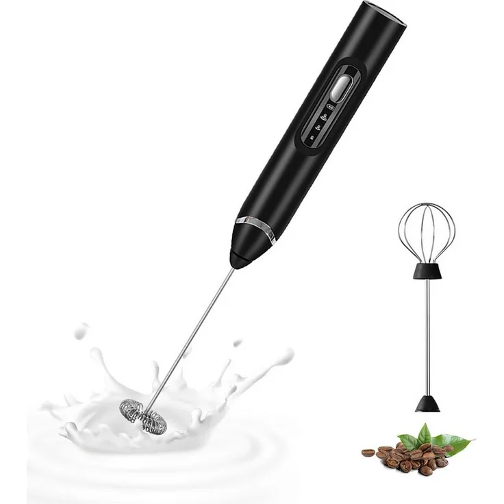 KINSI Milchaufschäumer Elektrisch, USB Wiederaufladbar mit 2 Rührköpfen, 3 Geschwindigkeitsstufen, Schwarz/Weiß