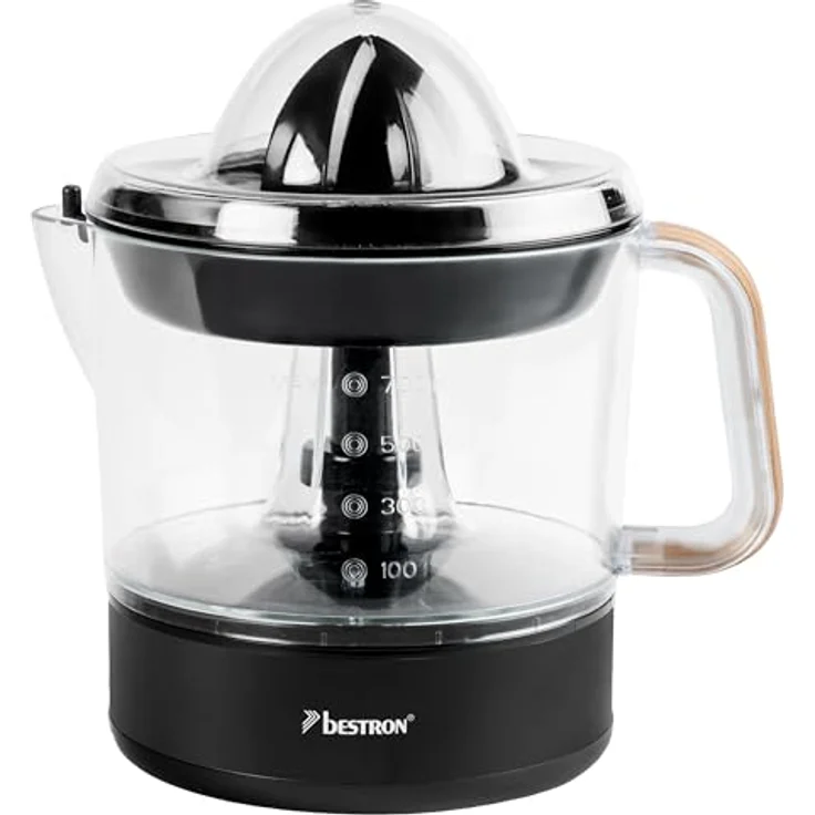 Bestron elektrische Zitrus- & Orangenpresse, inkl. 2 Presskegel und Aromadeckel, Motor mit zwei Drehrichtungen, Füllmenge: 0.7 Liter, Black & Wood Kollektion, Schwarz/Holz – Bild 2