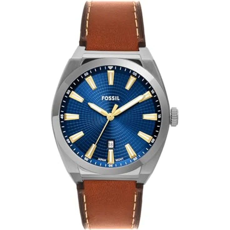 FOSSIL Herren Analog Quarz Uhr FS6115, 42 mm, braunes Lederarmband, blaues Sunray-Zifferblatt, 50 m wasserdicht – Bild 1