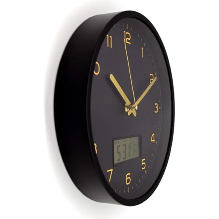 K&L Wall Art Digitale Wanduhr batteriebetrieben analoge Uhr ohne Tickgeräusche Wanduhren mit Datum und Wochentag Schwarz Gold – Bild 3