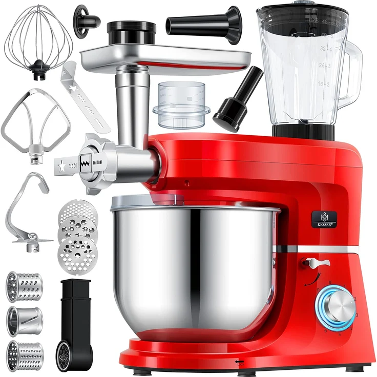 KESSER K-KM 3000 3 in 1 Universal Küchenmaschine, 1500W, 5,5L Schüssel, inkl. Fleischwolf, 3 Rührwerkzeuge, 1,5L Entsafter, Wurst Set Pasta & Plätzchenformen, rot - Preisvergleich – Bild 1
