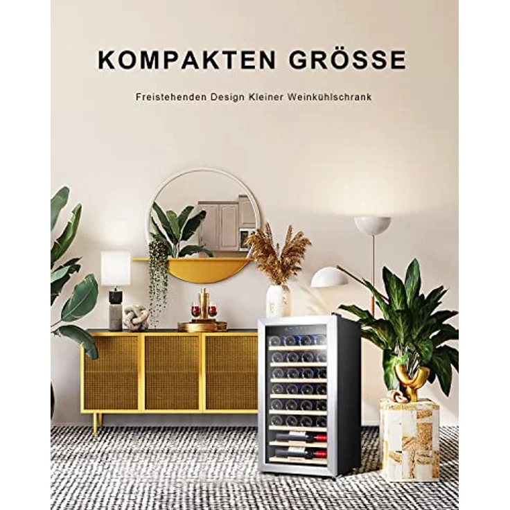Kalamera Weinkühlschrank, 28 Flaschen 86 Liter, Touch-Bedienfeld, Edelstahl Glastür, 5-18°C Kühlzone, Abnehmbar Holzauflagen, KRC-86FCSS-W – Bild 4