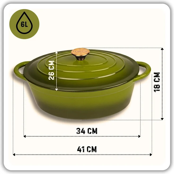 Torvon Bräter Gusseisen emailliert, 34 cm, 6 L mit Deckel, olivgrün