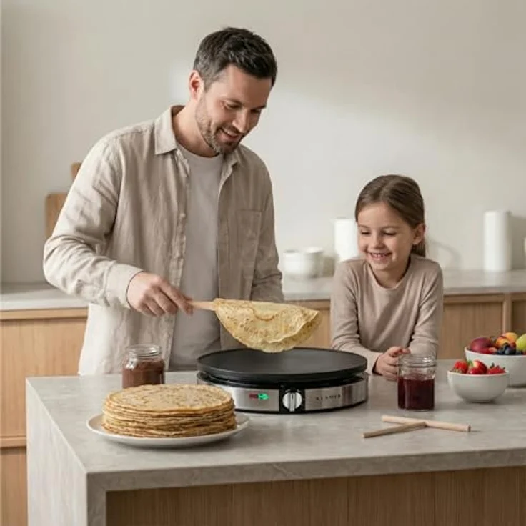 KLAMER Crêpesmaker 30 cm, 1400 W, Antihaftbeschichtung, stufenlose Temperatureinstellung, inkl. Teigverteiler und Wender – Bild 2