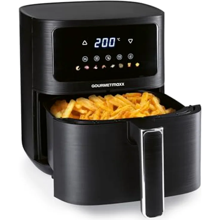 GOURMETmaxx AirGenius Heißluftfritteuse, 4,5 L, Mattschwarz, 6 Funktionen, 8 Programme, Fettarme Zubereitung für bis zu 3 Personen, Multi-Color LED-Touchdisplay