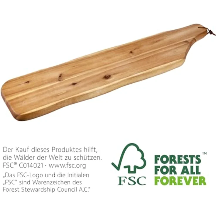 KESPER Schneide- und Servierbrett aus Akazienholz, 71 x 17 cm, 2,5 cm dick, braun, natur, FSC-zertifiziert mit Lederbändchen – Bild 4