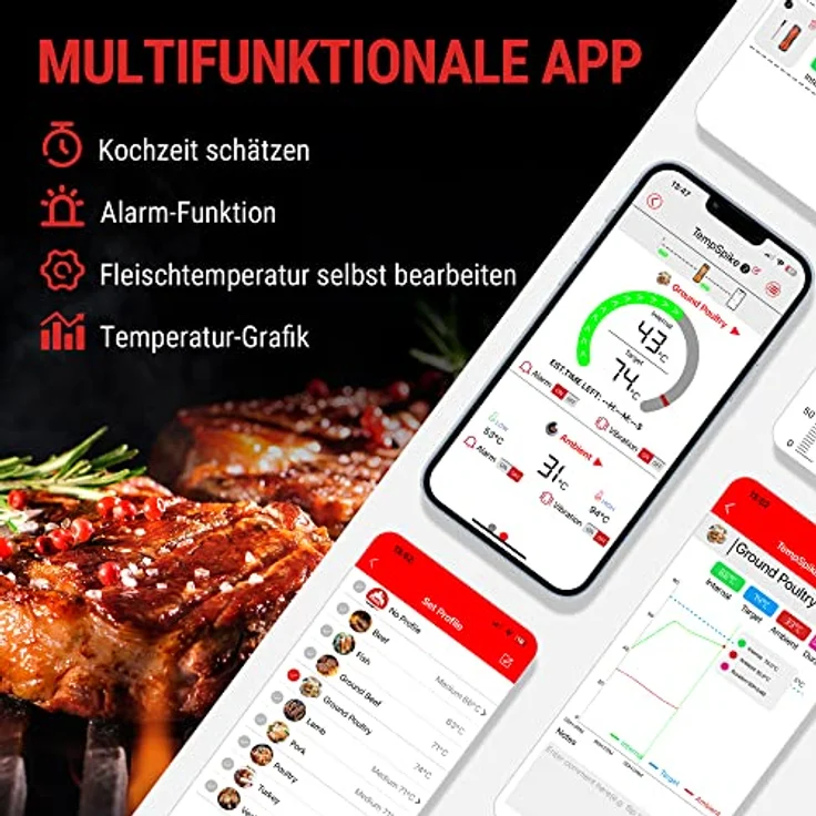 ThermoPro TempSpike Fleischthermometer Kabellos 150m Bluetooth Grillthermometer IP67 Meat Thermometer Bratenthermometer für Backofen Grill Smoker Rotisserie Airfryer Sicher im Geschirrspüler, Schwarz – Bild 5