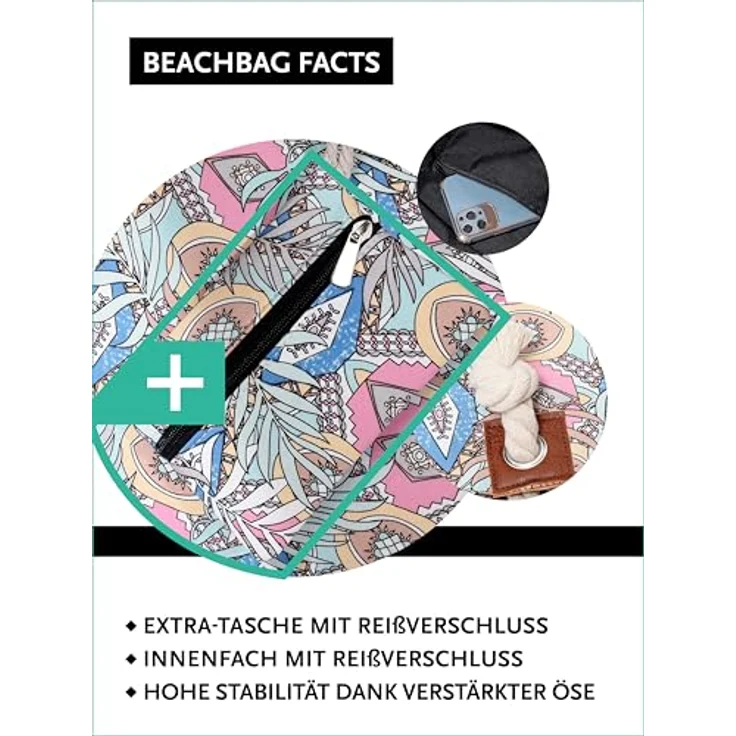 DonDon Strandtasche XXL mit Reißverschluss, Robuste Shopper Tasche Damen für Strand und Meer, Inklusive Mini Tasche zur optimalen Organisation, 58 x 38 x 18 cm – Bild 3