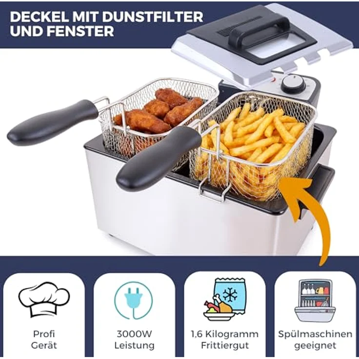 Sommertal XXL Doppel-Fritteuse mit Öl oder Fett – 3 Körbe, 5 Liter, 3000 Watt, Kaltzone, echte Edelstahl Fritteuse für knusprige Pommes – Bild 4