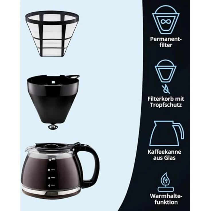 KHG Kaffeemaschine KA-128S, Filterkaffeemaschine mit Glaskanne, Permanentfilter, Warmhaltefunktion, Abschaltautomatik, Tropfstopp, schwarz, 1,25 Liter, 10 Tassen, 750 Watt – Bild 4