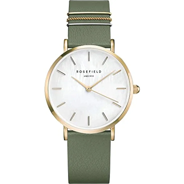 Rosefield The West Village Gold, Damenuhr mit 33 mm rundem Gehäuse, weißem Zifferblatt und waldgrünem Band - WFGG-W85