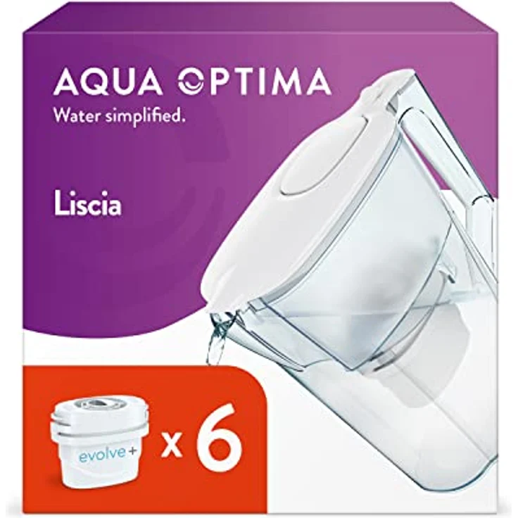 Aqua Optima Liscia Wasserfilterkanne & 6 x 30 Day Evolve+ Wasserfilterkartuschen, 2,5 Liter Fassungsvermögen, zur Reduzierung von Mikroplastik, Chlor, Kalk und Verunreinigungen, weiß – Bild 1