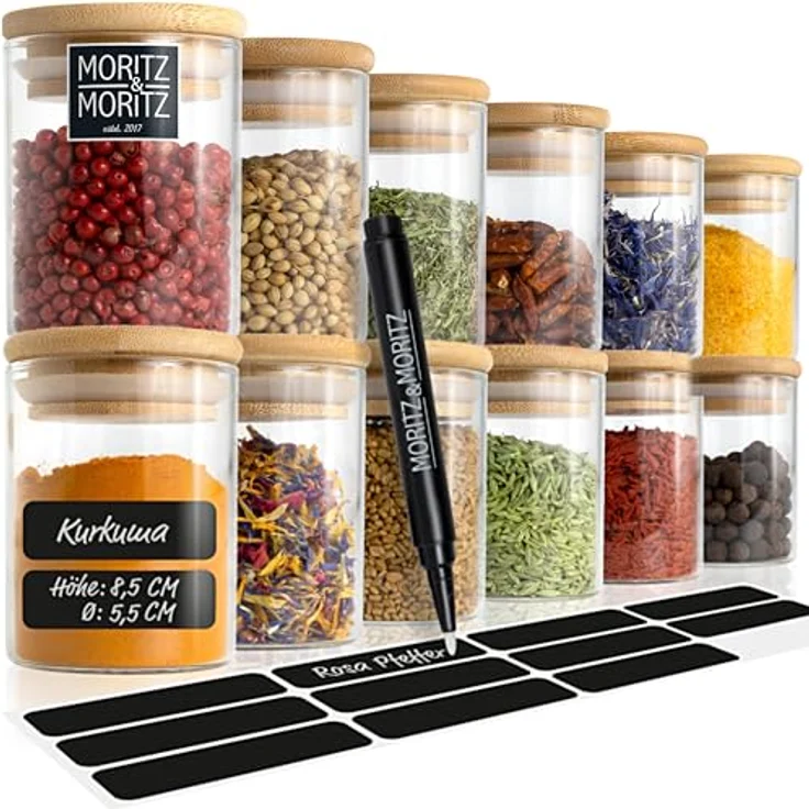 Moritz & Moritz Gewürzgläser Set, 12x 125 ml mit Bambusdeckel, inkl. 24 Tafelsticker & Kreidestift, bruchsicher und spülmaschinenfest, transparent – Bild 1