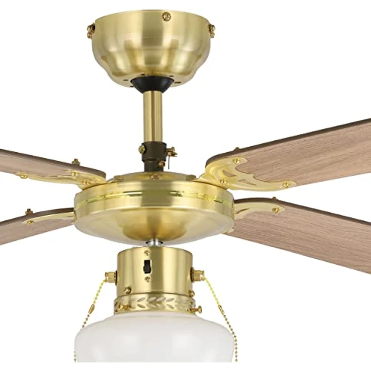 EGLO Deckenventilator Fortaleza, 4 Flügel Ventilator mit Zugkette, Beleuchtung, Sommer-Winter Betrieb, Holz, brünierter Stahl und weißem Glas, 106,6 cm – Bild 4
